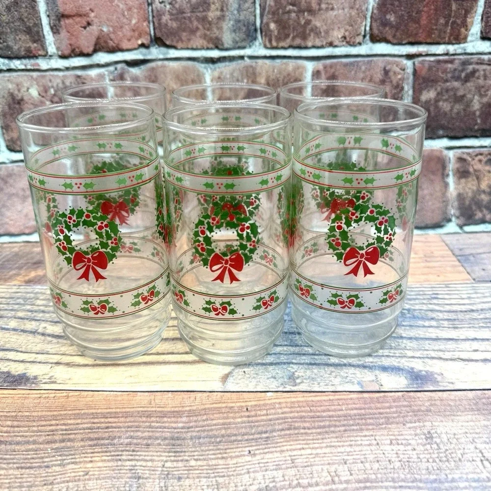 6 Indiana Glass Victorian Christmas Tumblers Glasses Holly Wreaths Set MCM Vtg